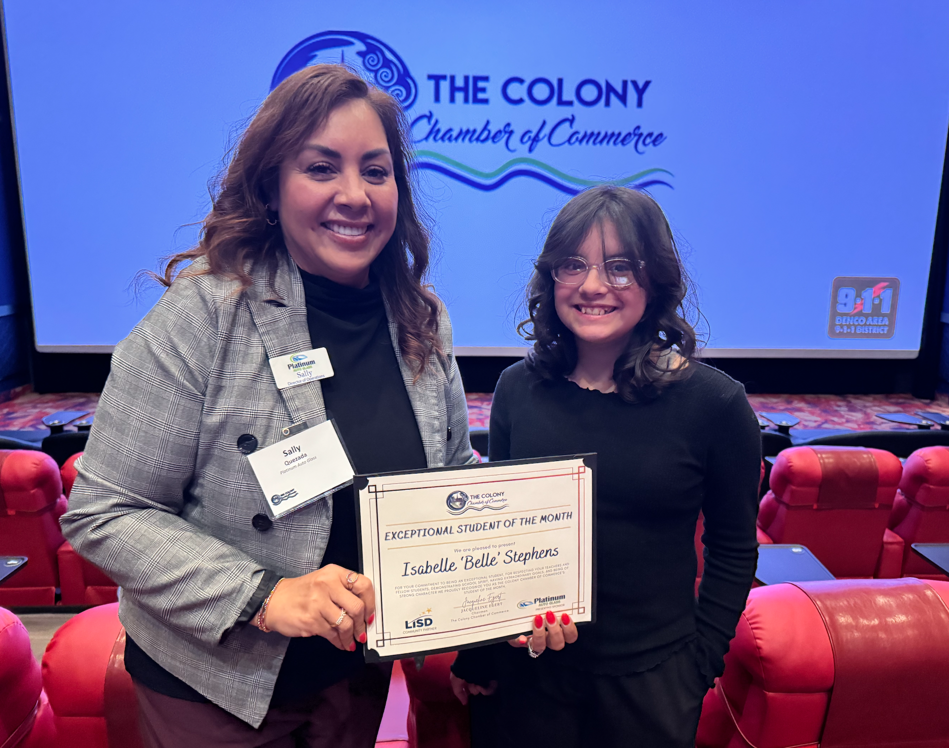Ethridge Elementary student Belle Stephens recognized by The Colony Chamber. March 2025